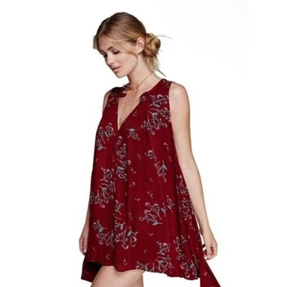 Free People Snap It Up Swing Tree Tunic Maroon Tank Top Boho Casual Size Small